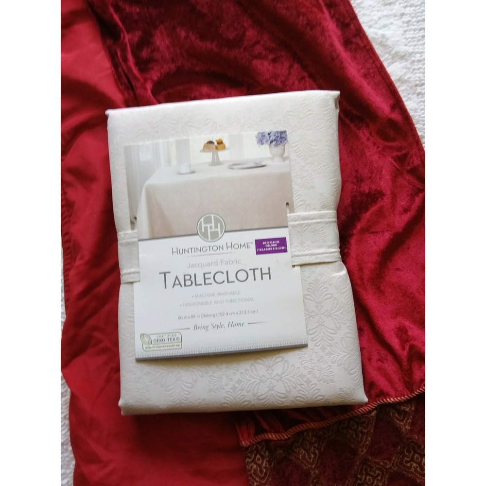 Huntington home Jacquard Fabric Tablecloth Oblong 60x84 6-8 Chairs Cream Beige